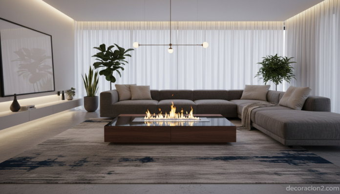 Mesa con fuego incorporado de bioetanol en salón moderno