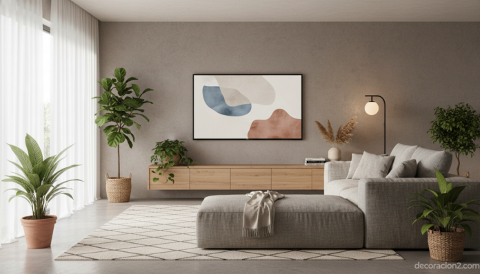Salón moderno con televisor decorativo integrado en pared de microcemento