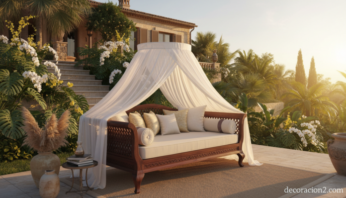 Colección de Lifeshop para exteriores con daybed oriental en terraza ajardinada