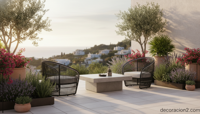 Sillones de jardín en blanco y negro en terraza moderna al atardecer