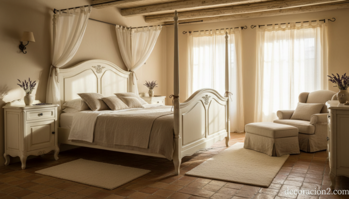Dormitorio provenzal Roche Bobois con cabecero patinado y atmósfera serena