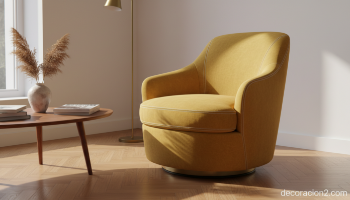 Sillón retro vintage de terciopelo mostaza en salón contemporáneo