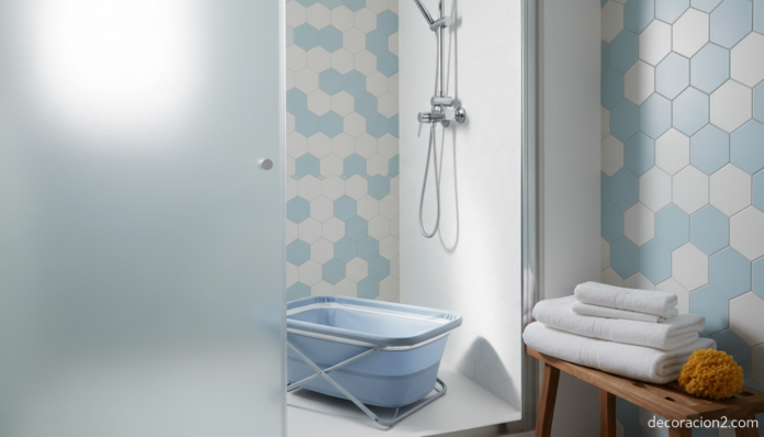 Empty modern foldable fabric children's bathtub set up inside a small white shower stall with chrome fixtures, soft natura... Bañera plegable para niños instalada en plato de ducha moderno