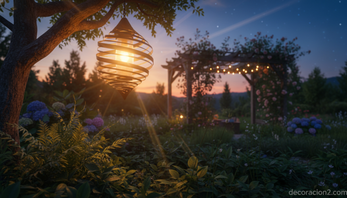 Lámpara que se activa con el viento Firewinder iluminando un jardín al atardecer