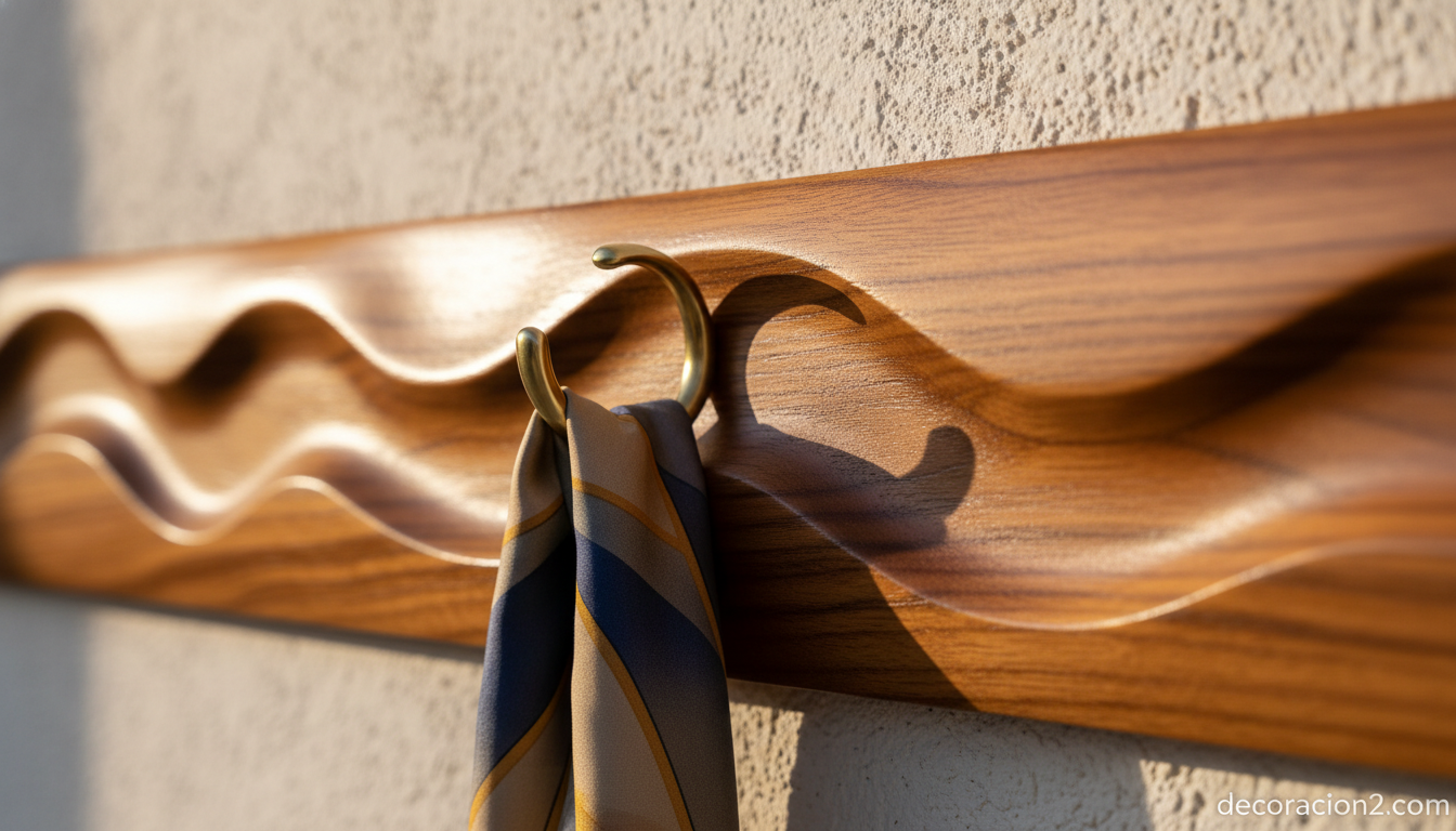Perchero multifuncional Klotho de Mattias Pinkert: diseño que organiza con estilo 1 Detalle de la superficie ondulada de un perchero de pared de diseño