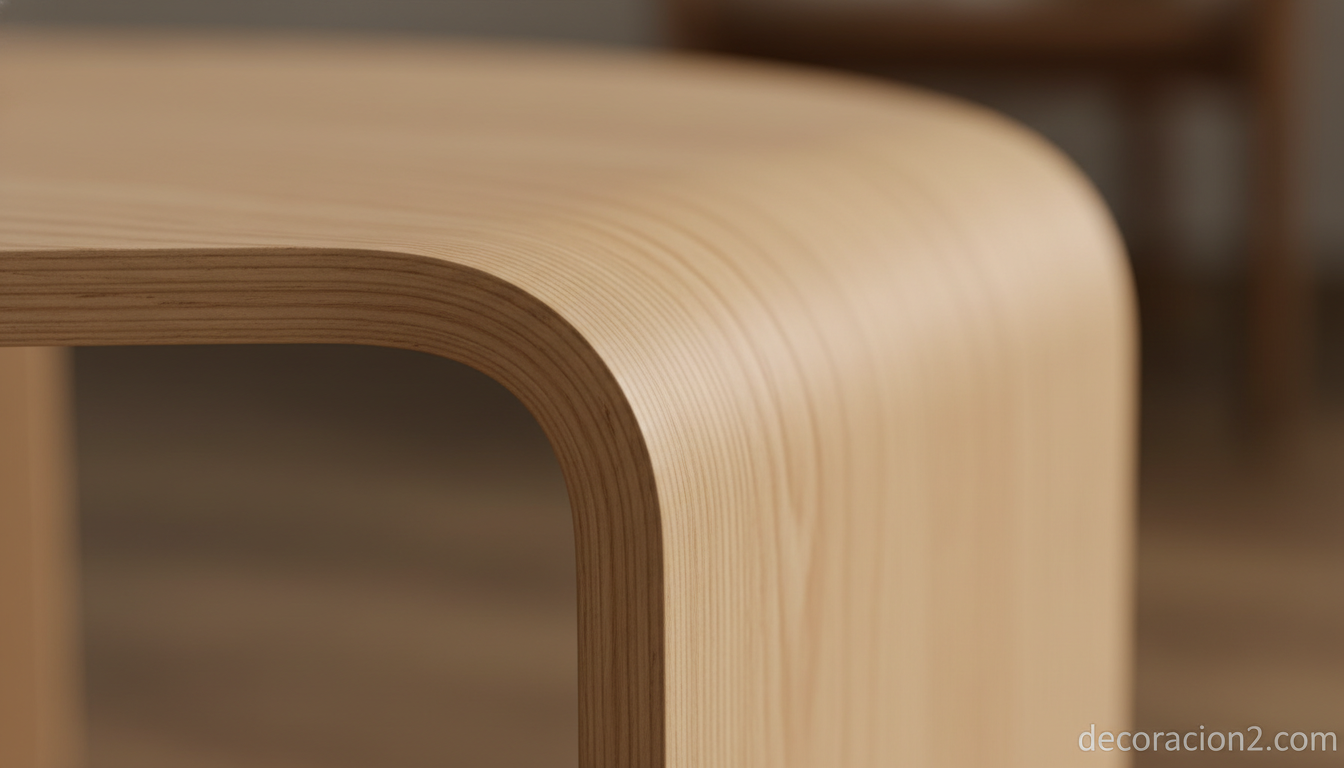 Detalle de la madera curvada de la mesa de centro redonda