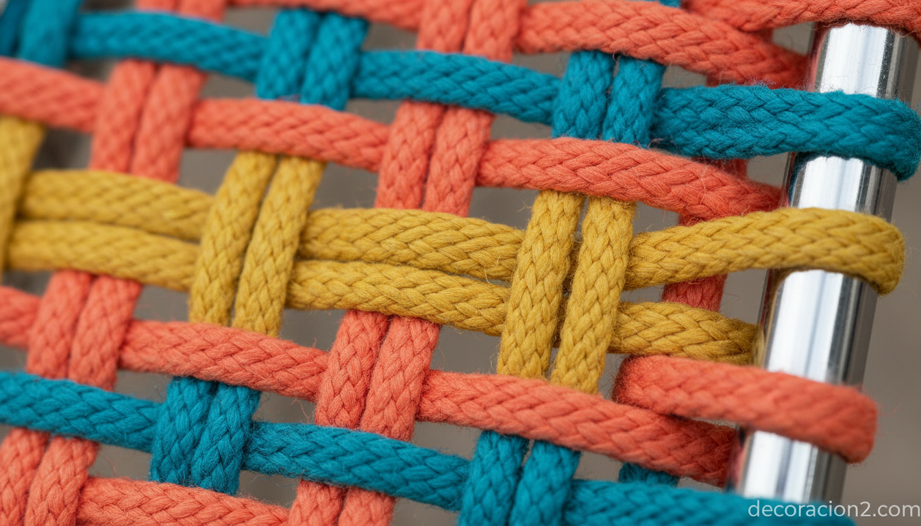 Detalle macro del tejido entrelazado de cordones de la colección Tropicalia sobre estructura tubular de acero