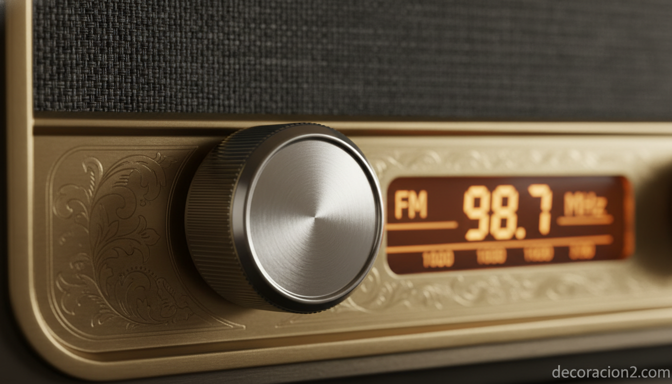 Detalle del dial y pantalla ámbar del reproductor retro Vita Audio en primer plano
