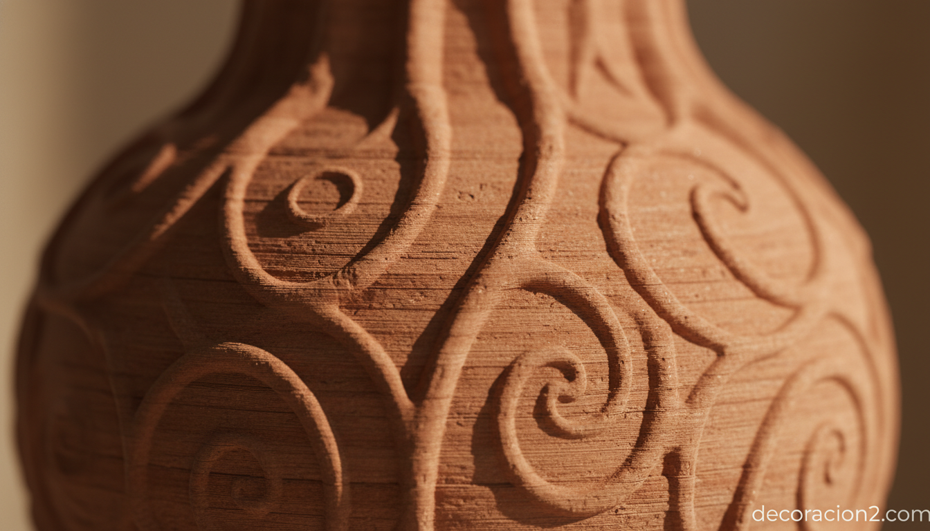 Detalle de textura de jarrón impreso en 3D con formas orgánicas