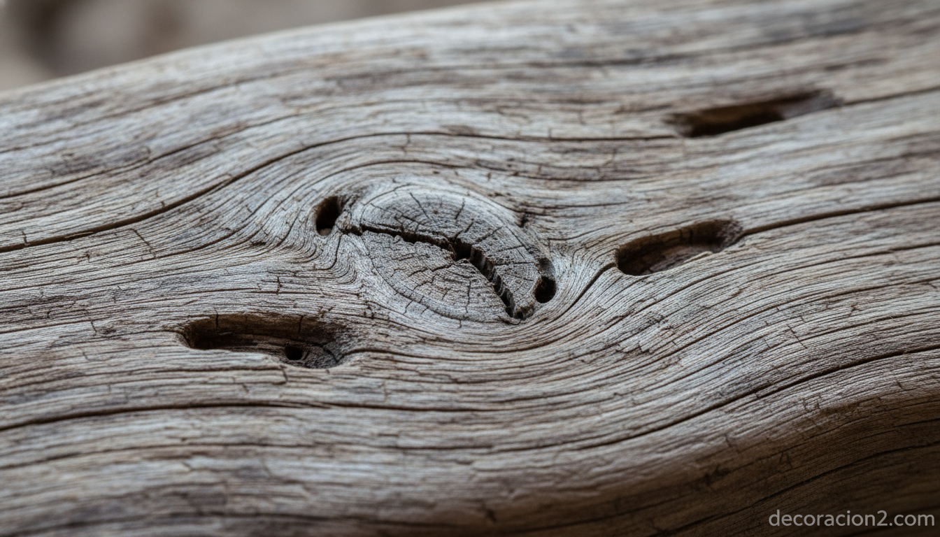 Detalle macro de madera reciclada con vetas y marcas naturales para muebles sostenibles