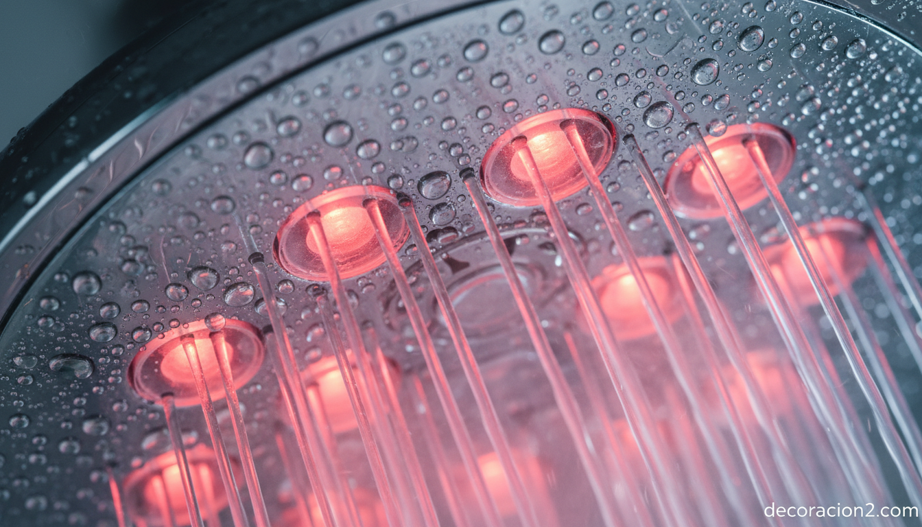 Luces LED para ducha: guía completa para elegir tu alcachofa con temperatura por colores 4 Detalle macro de alcachofa de ducha con luz LED roja indicando agua caliente