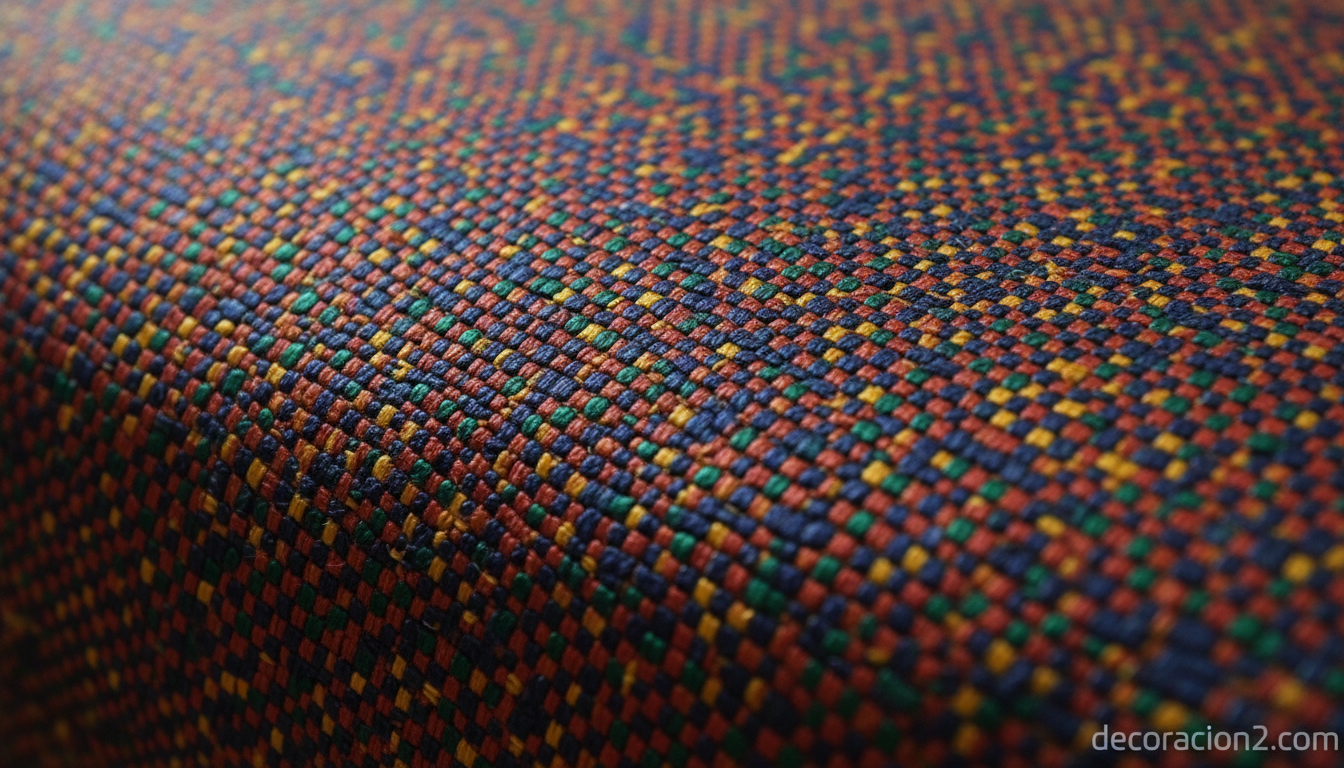 Detalle macro de tapicería pixelada en mosaico de colores
