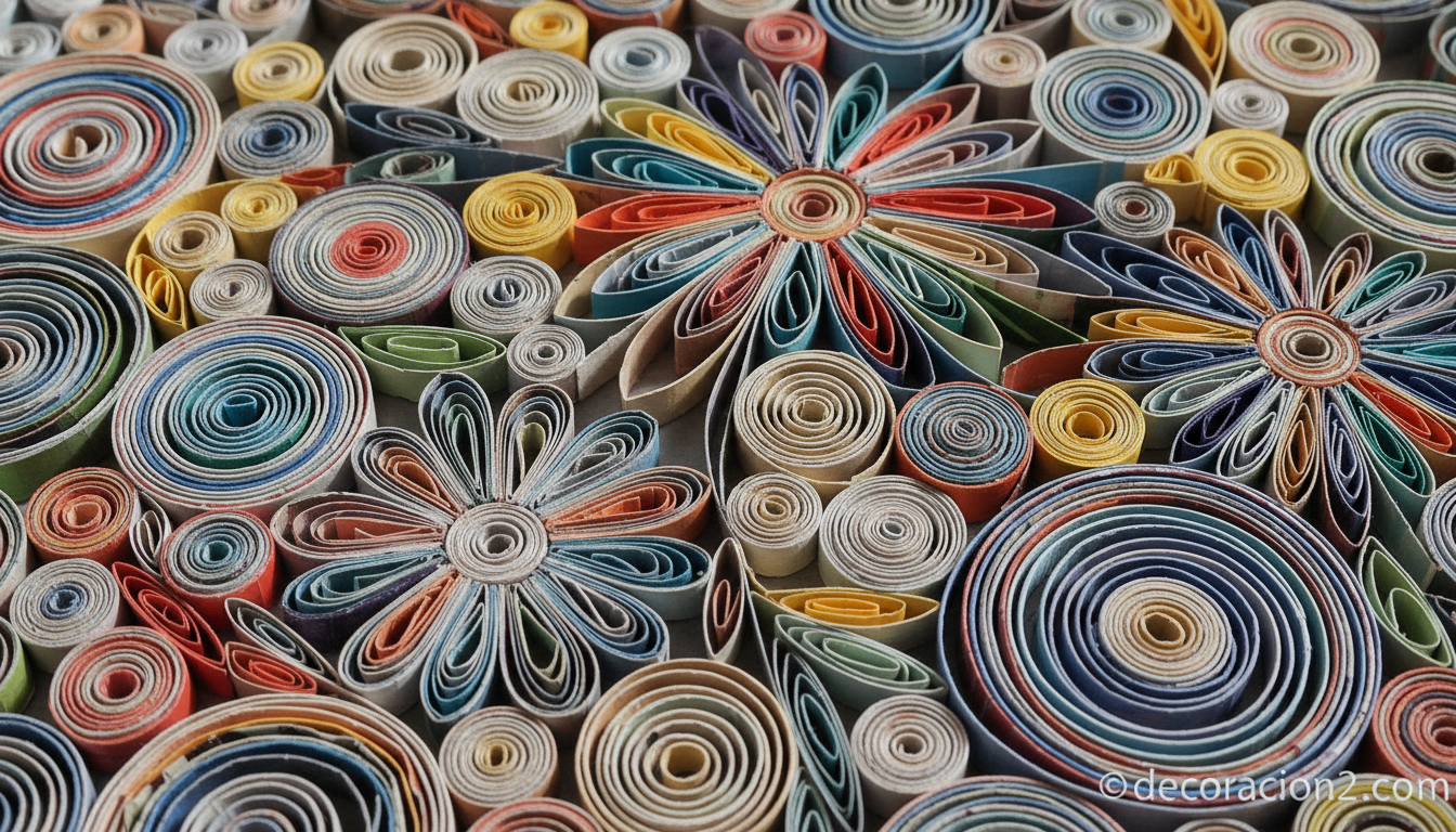 Detalle macro de la técnica de canutillo con tiras de revistas enrolladas