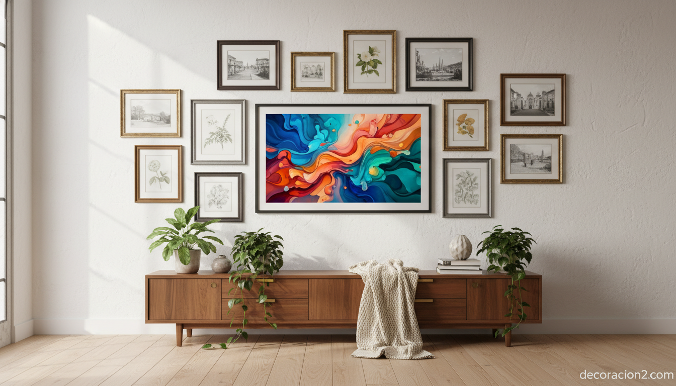 Composición de pared con marcos digitales y tradicionales