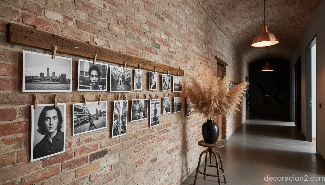 Mural de fotografías con listones de madera y pinzas en pasillo de loft industrial