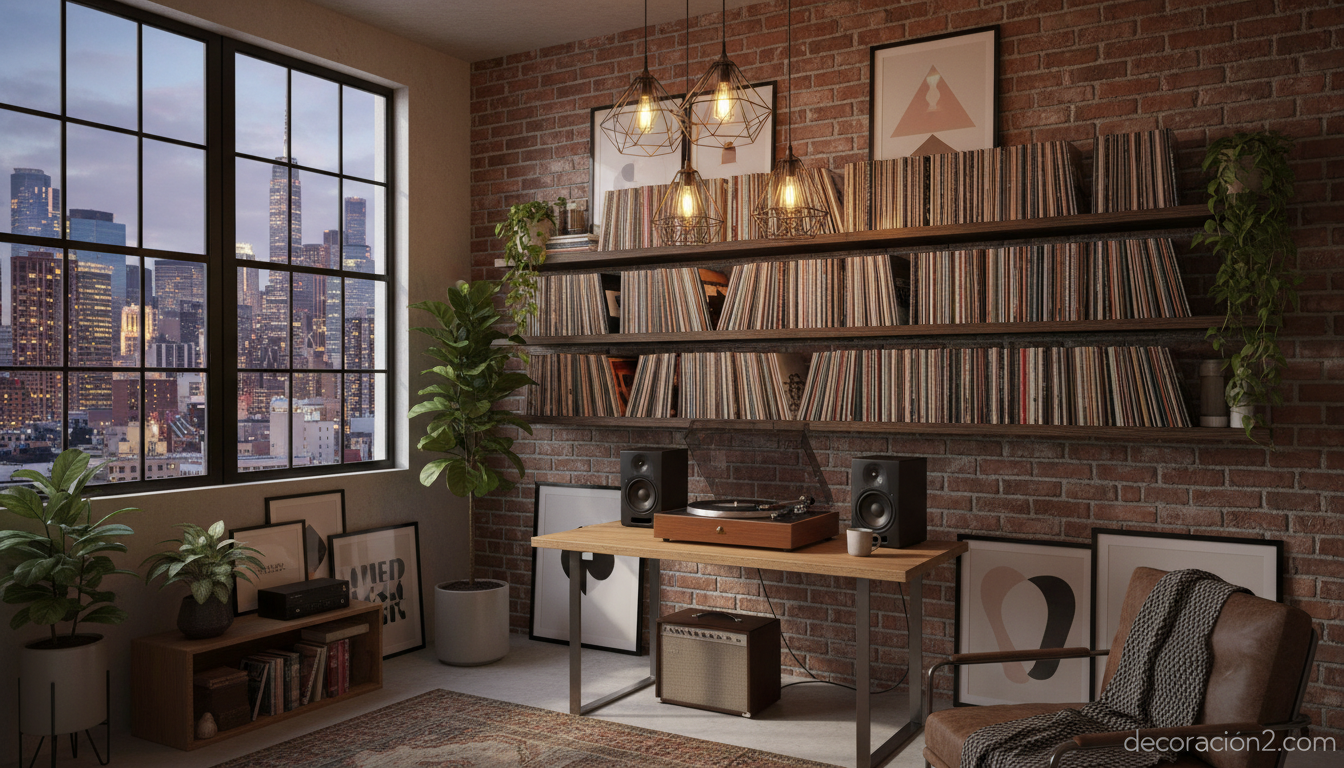 Estudio industrial con colección de vinilos y tocadiscos para almacenar música