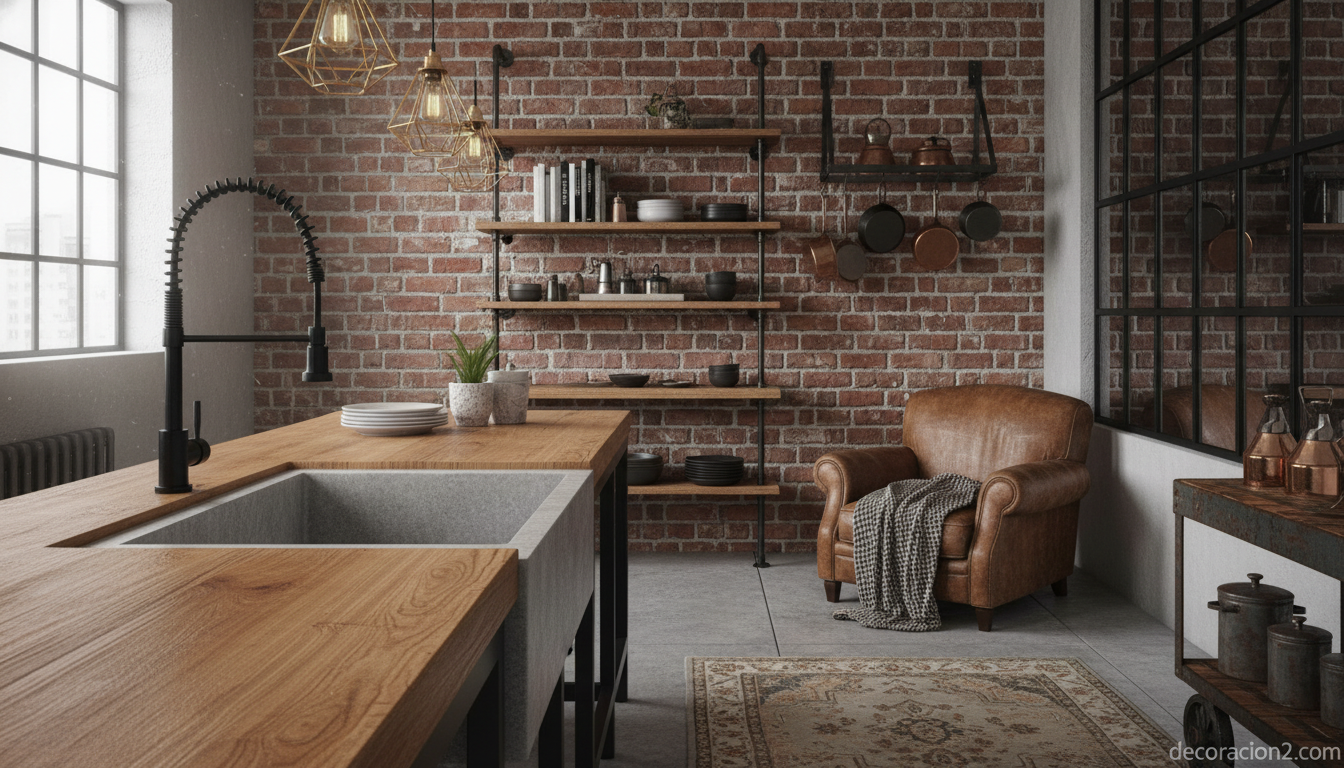 Grifo articulado negro mate en cocina industrial loft con encimera de madera