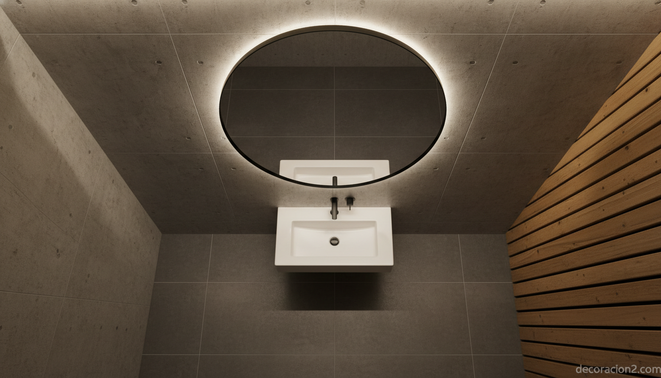 Baño industrial con lavabo cerámico Sanindusa, hormigón visto y grifería negra mate