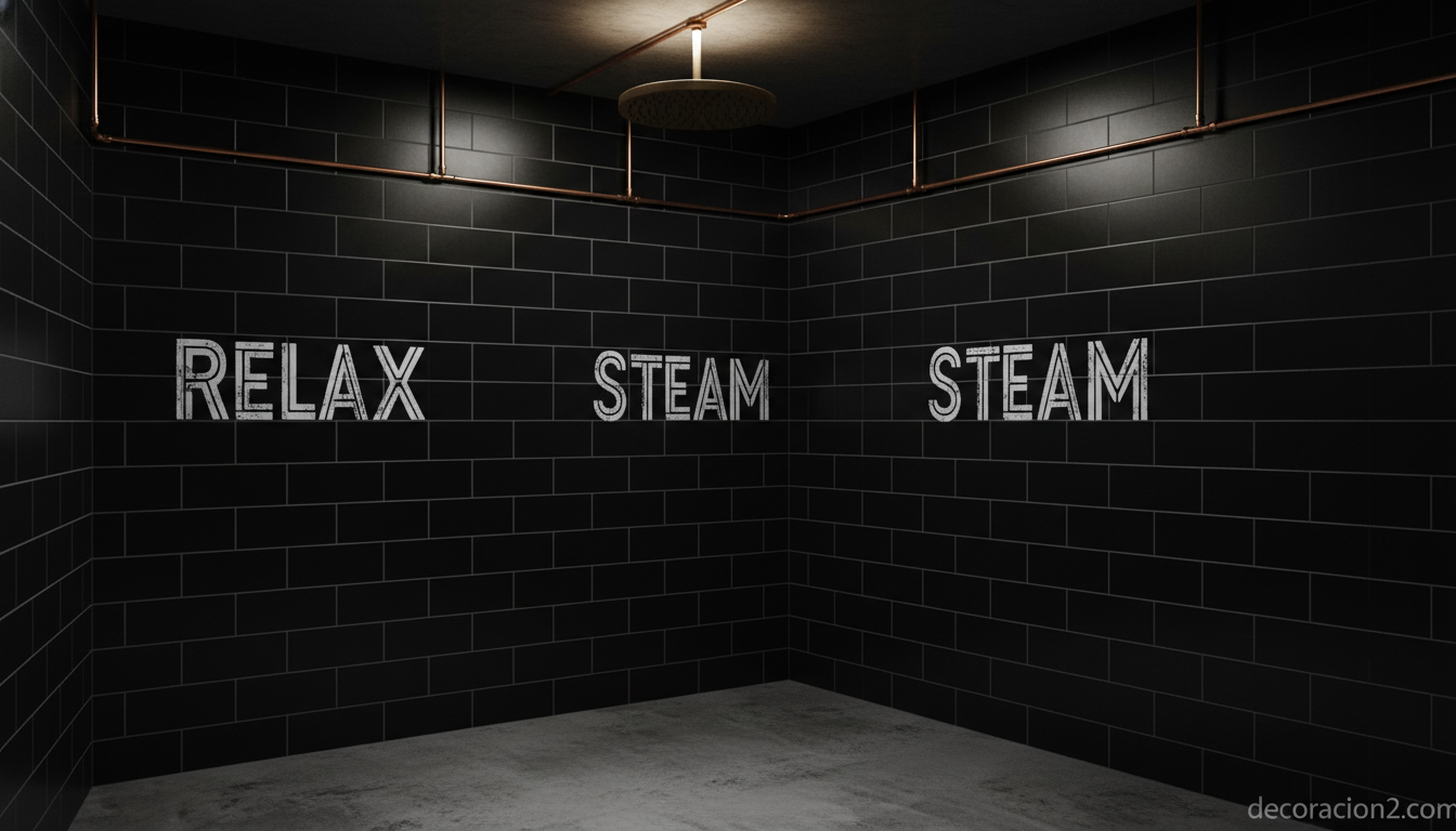 Ducha estilo industrial con azulejos negros y tipografía blanca con palabras relax y steam