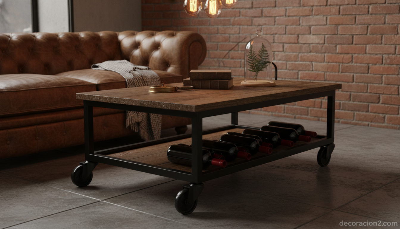 Mesa de café botellero industrial de metal negro y madera reciclada con ruedas