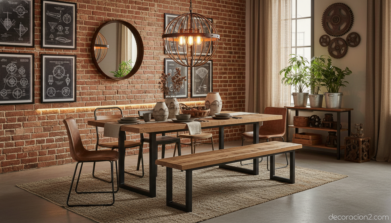 Comedor industrial con mesa de hierro y madera de roble - mobiliario de hierro