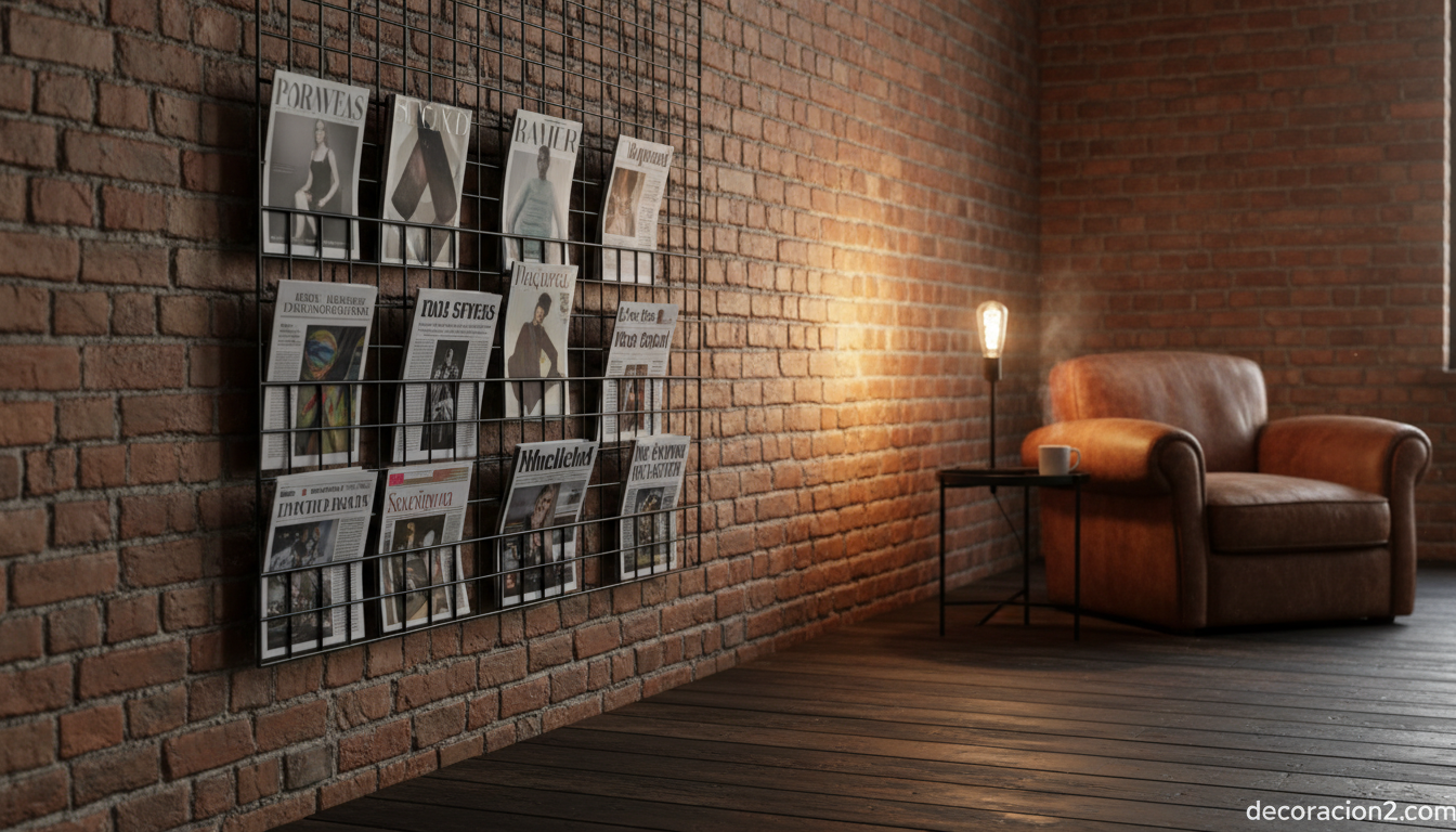 Revistero de pared en salón estilo industrial con biblioteca