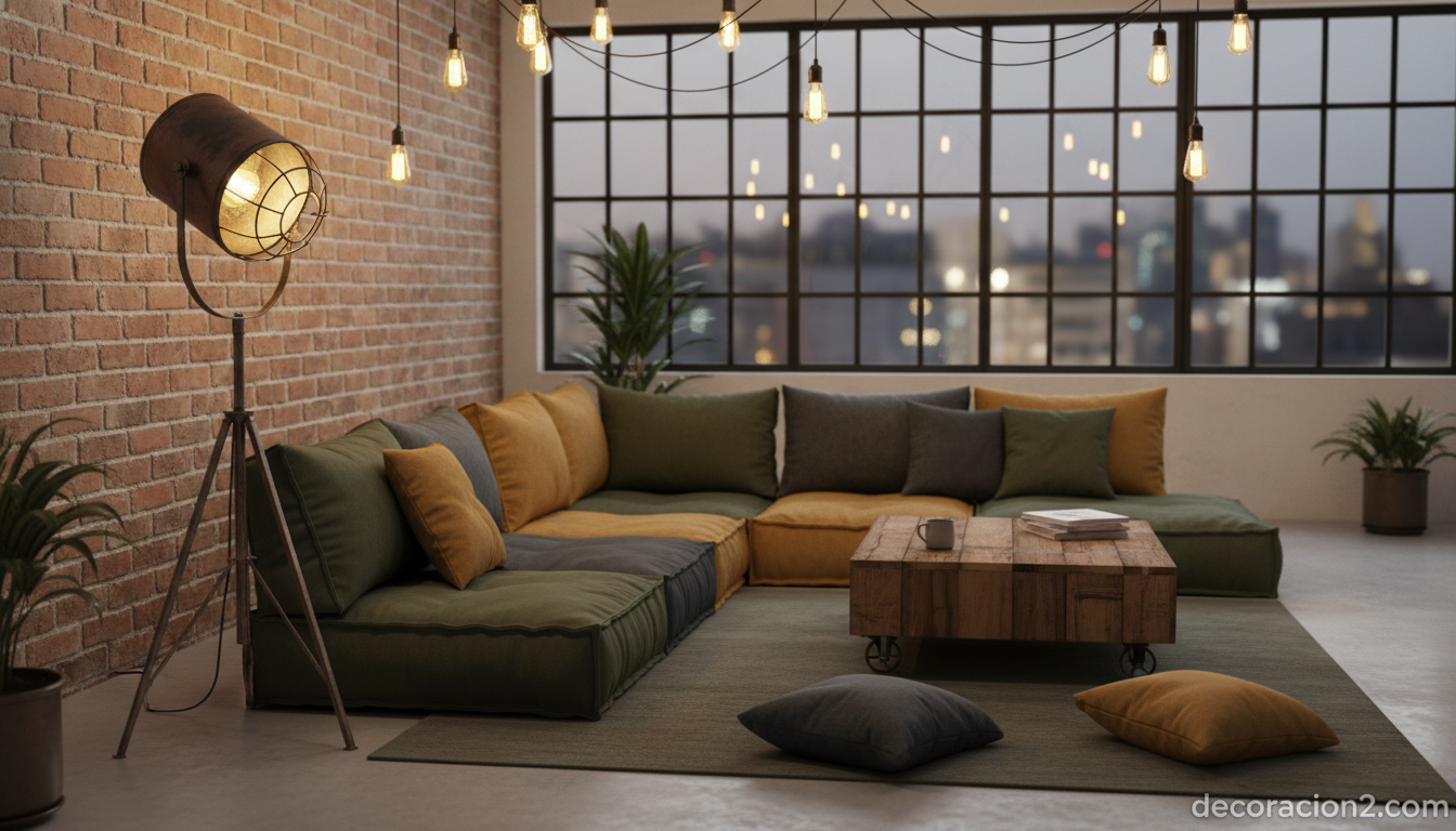 Salón industrial con cojines modulares en tonos oscuros formando zona chill out