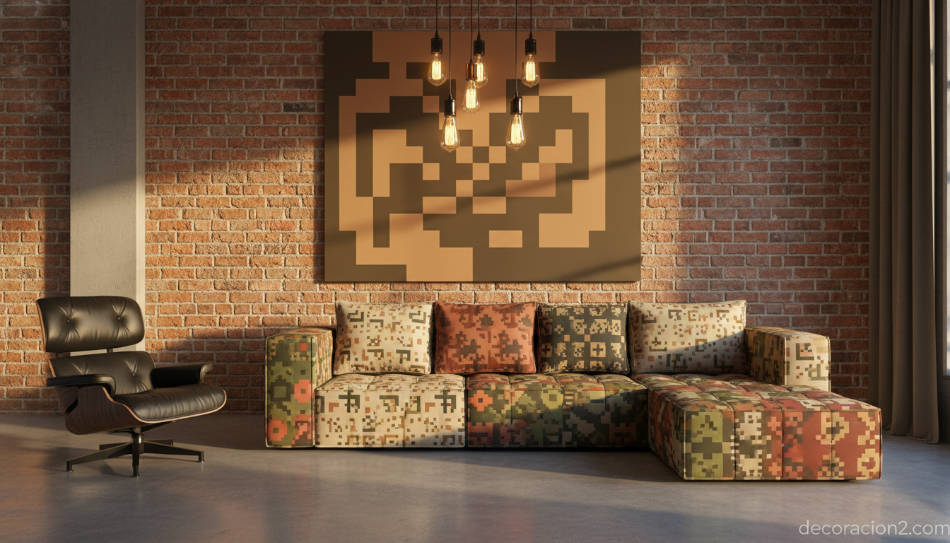 Sofá pixelado en un loft industrial urbano con ladrillo visto