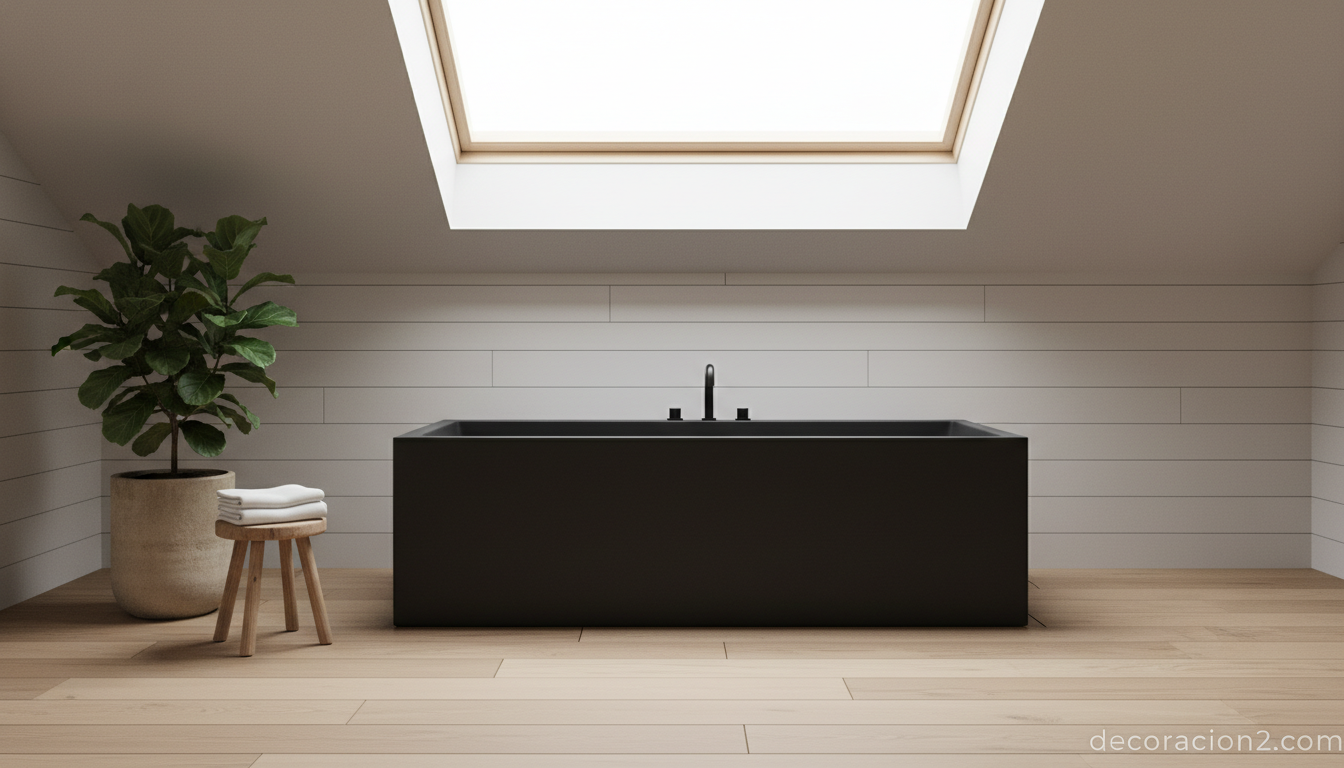 Bañera de lujo en baño estilo japandí con madera clara y piedra natural