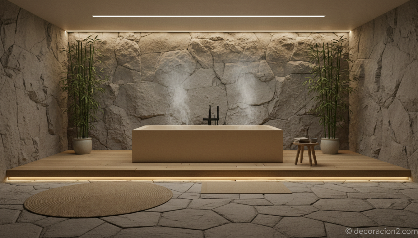 Bañera para dos personas en baño estilo japandí con piedra y madera