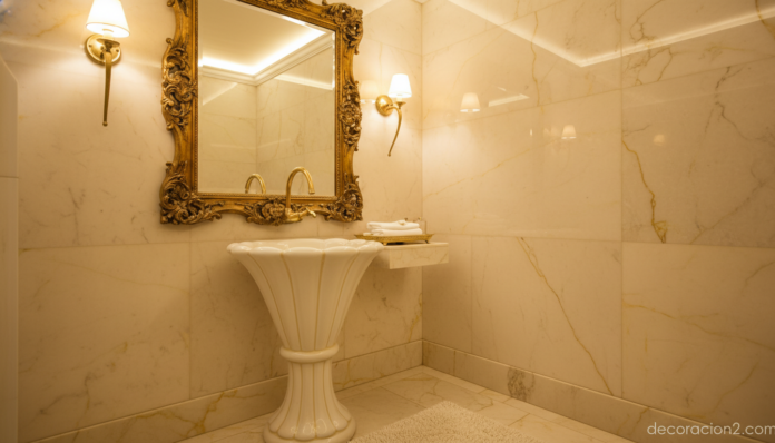 Lavabo Calice de Regia en baño clásico con grifería dorada