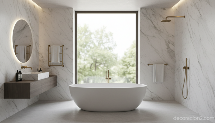 Bañera de lujo italiana exenta en baño moderno con mármol Calacatta