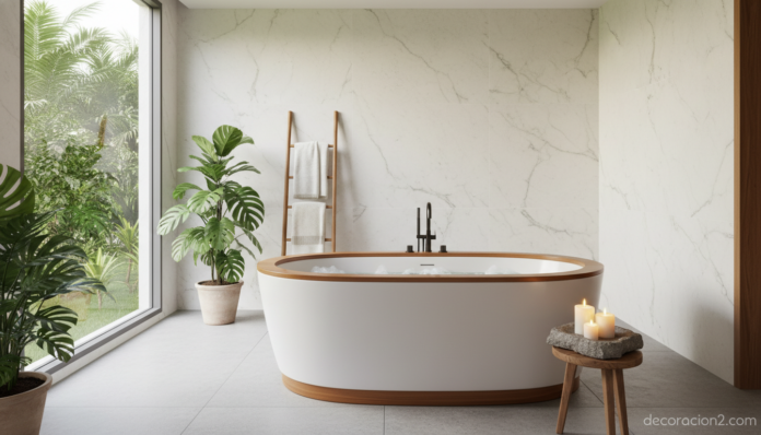 Bañera biplaza moderna en cuarto de baño de lujo con luz natural