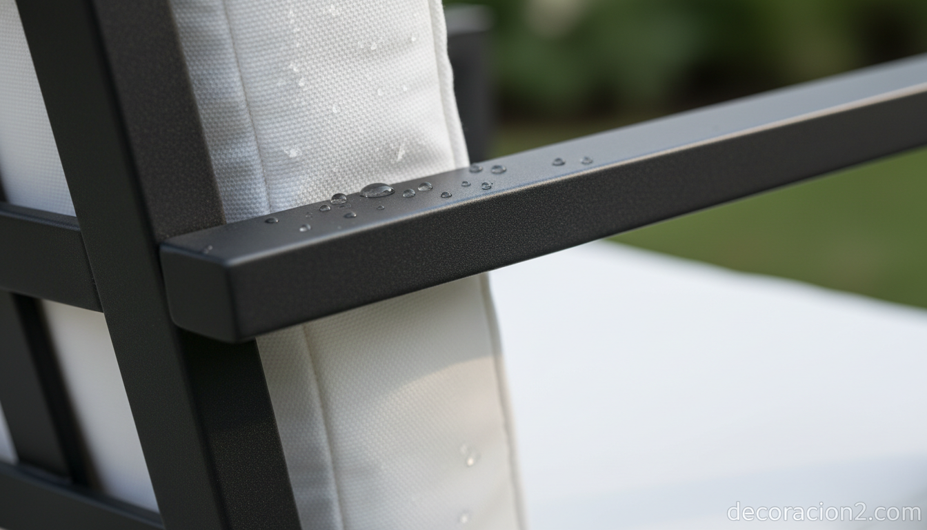 Detalle del tapizado y estructura de un sillón de jardín negro y blanco