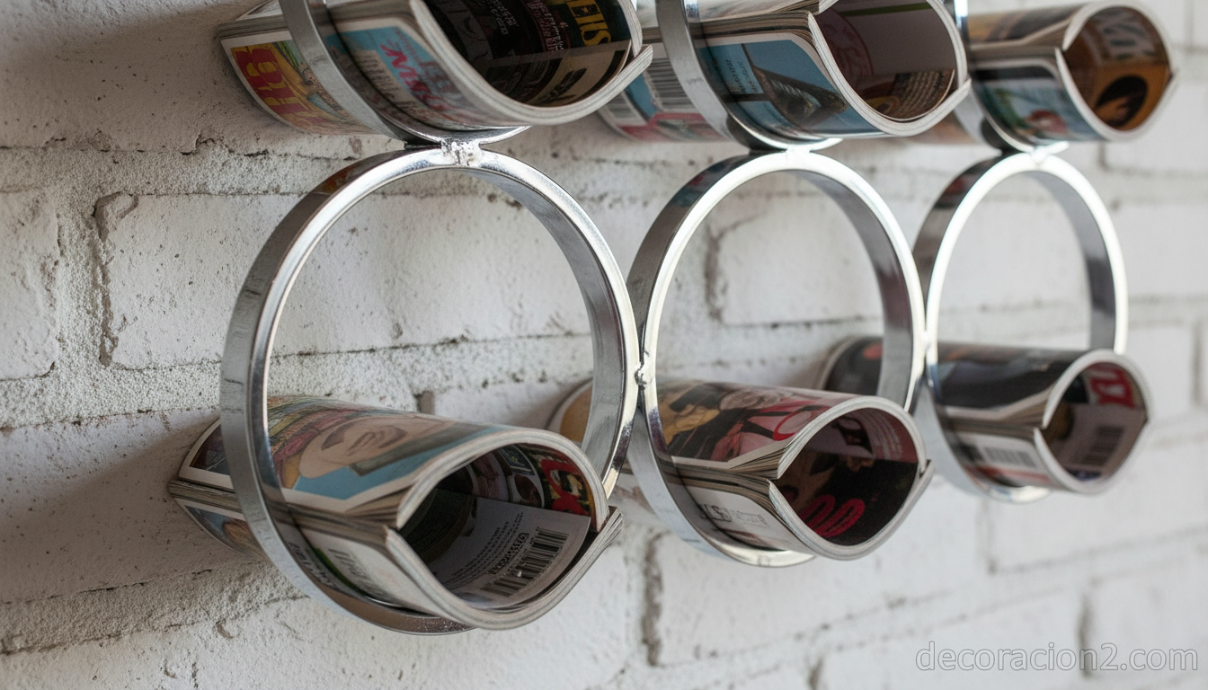 Detalle de aros metálicos del botellero IKEA Vurm con revistas enrolladas