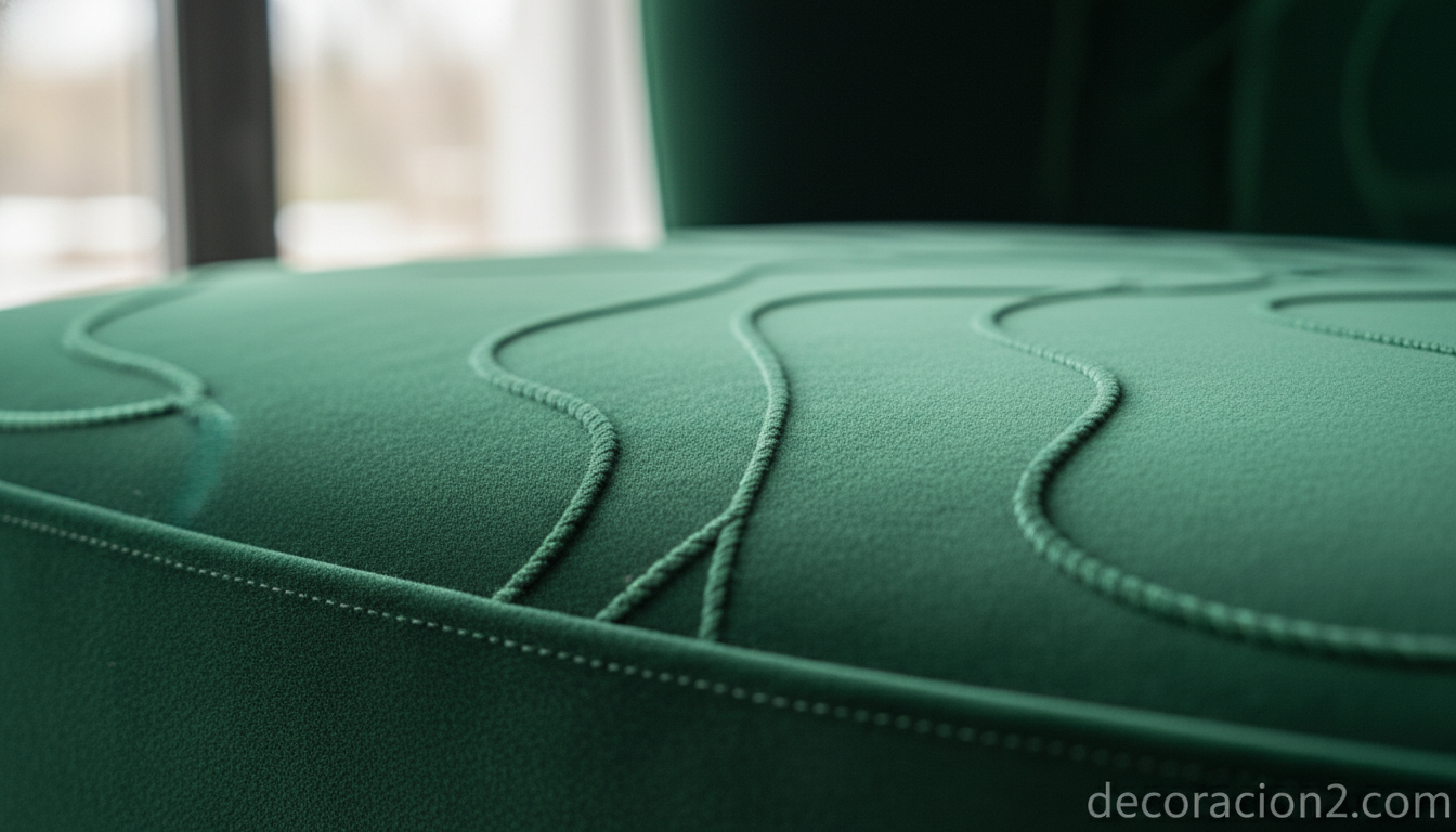 Detalle de costura curva en tapicería de terciopelo de sillón vintage