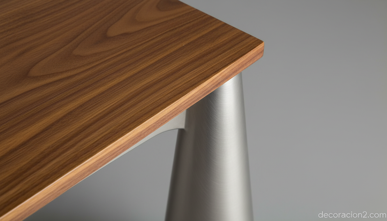 Detalle del tablero de nogal y pata metálica cónica de la mesa Sierra Nova