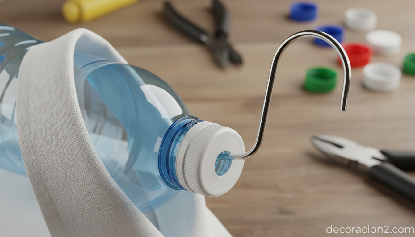 Detalle DIY de una percha con botella de plástico con gancho metálico y camisa