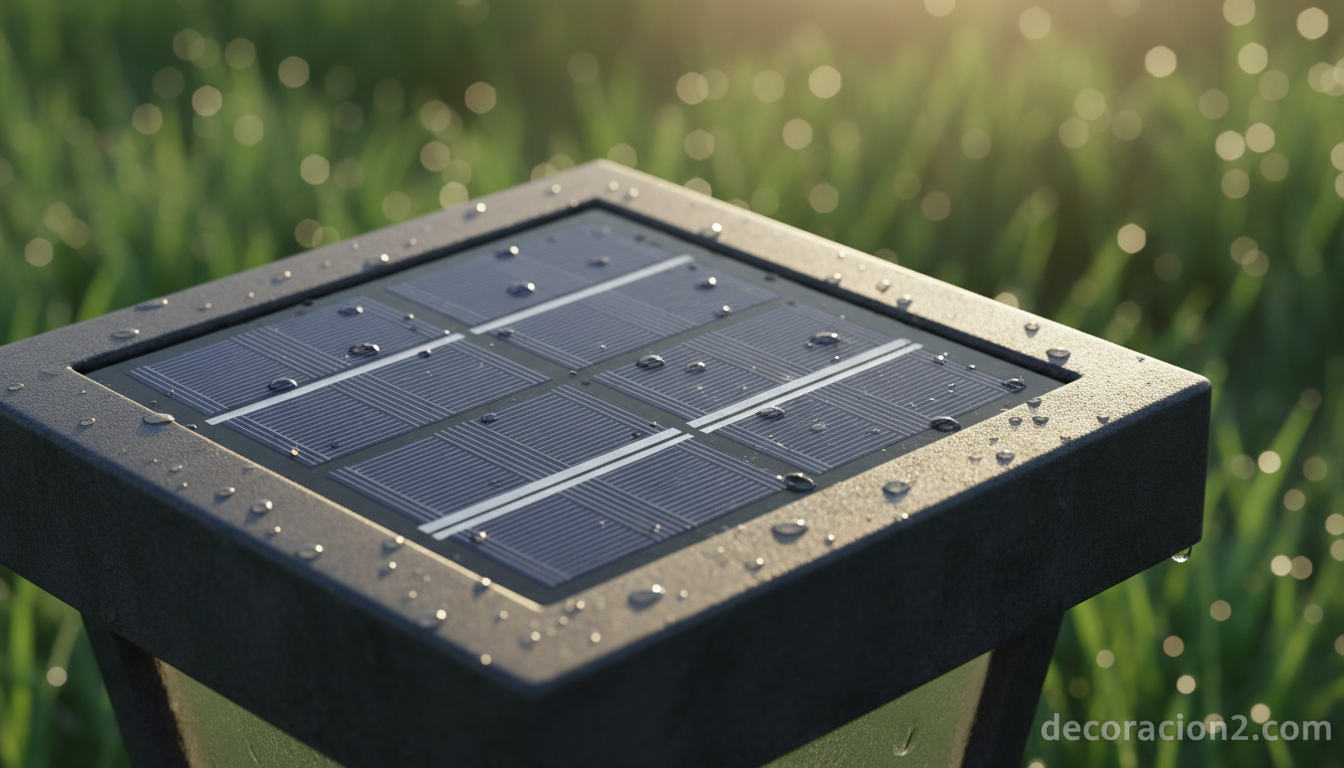 Detalle macro de panel solar monocristalino sobre baliza LED solar para jardín