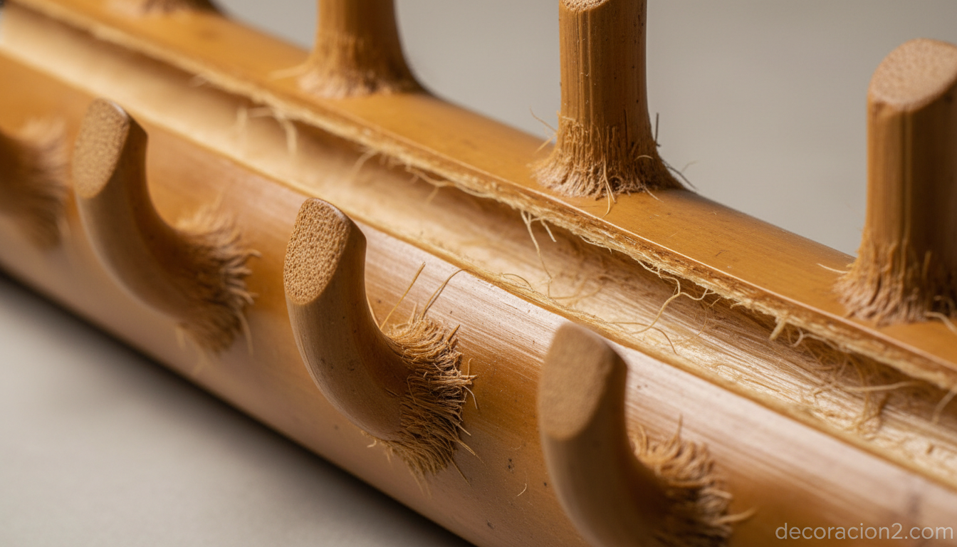 Detalle del tallo de bambú estriado del perchero artesanal