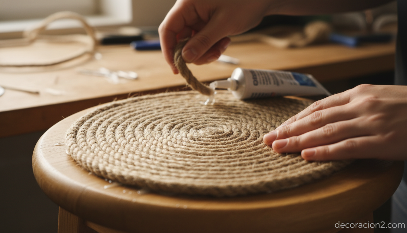 Manos aplicando cuerda en espiral sobre banqueta de cocina durante renovación DIY