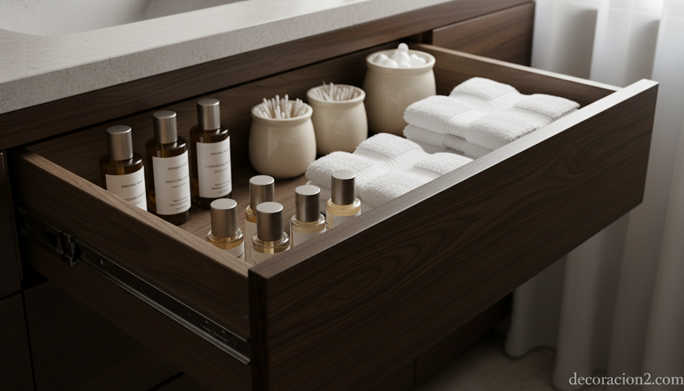 Detalle de cajones de mueble de baño modular con interior organizado
