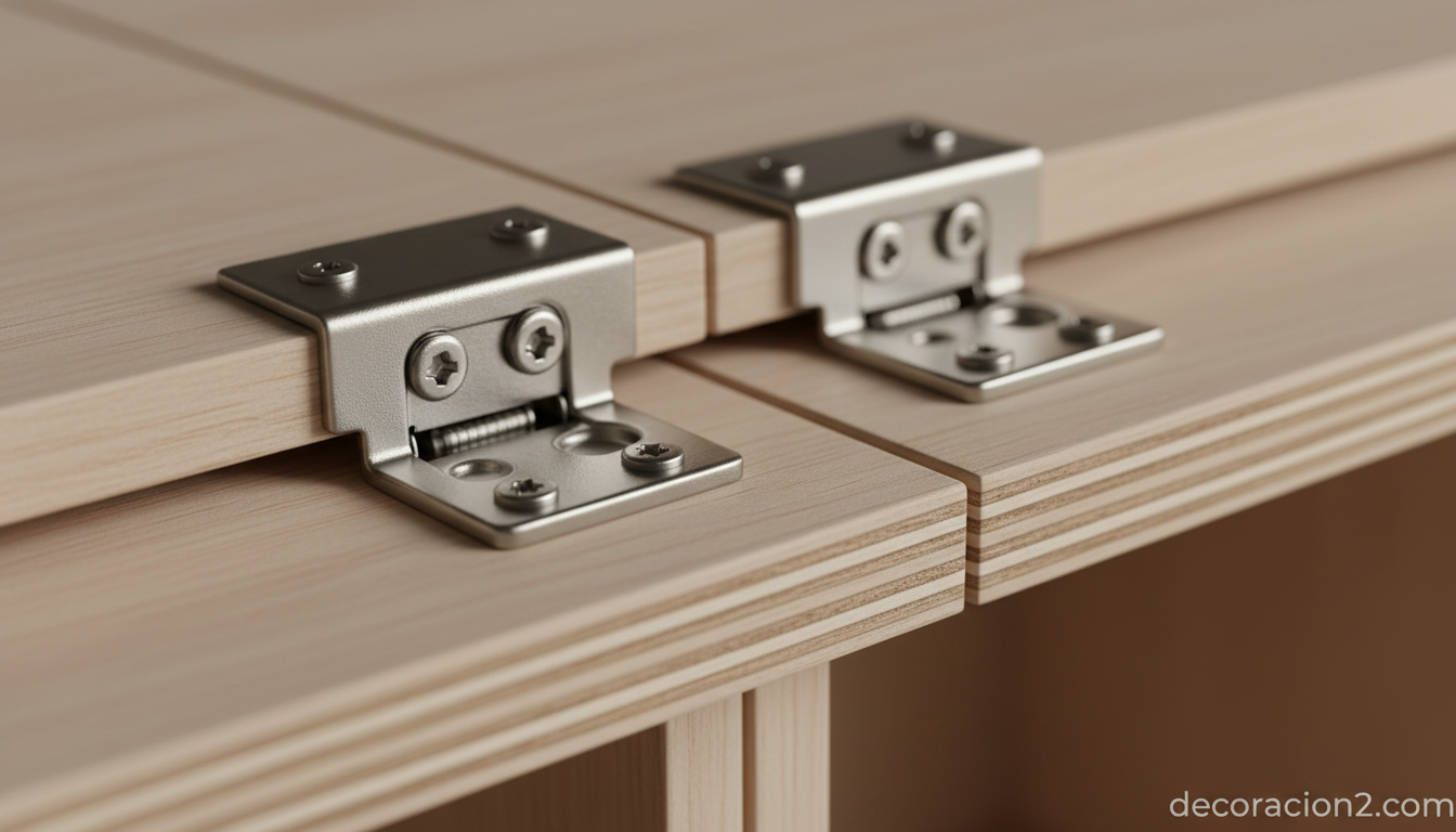 Detalle de bisagras y herrajes metálicos en mueble plegable Matroshka