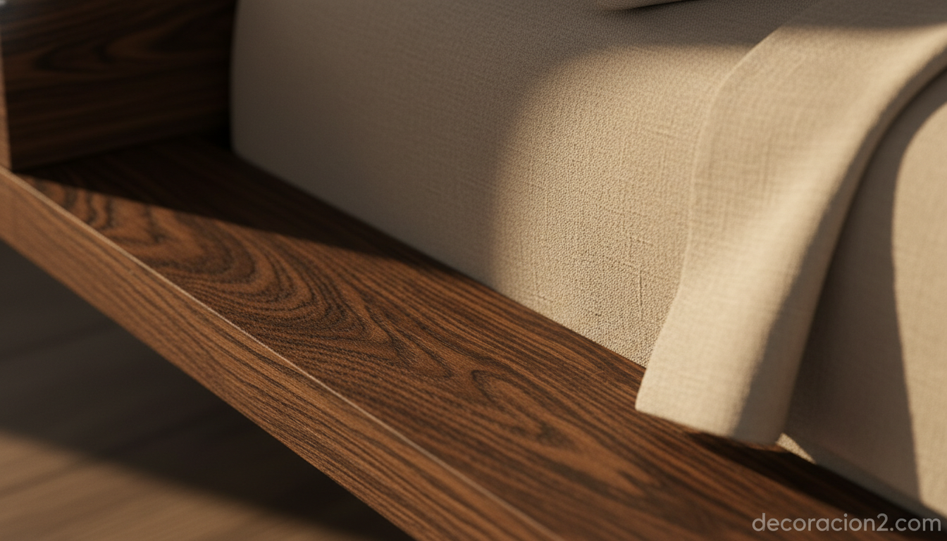 Detalle de madera oscura y textil de lino en la cama zen
