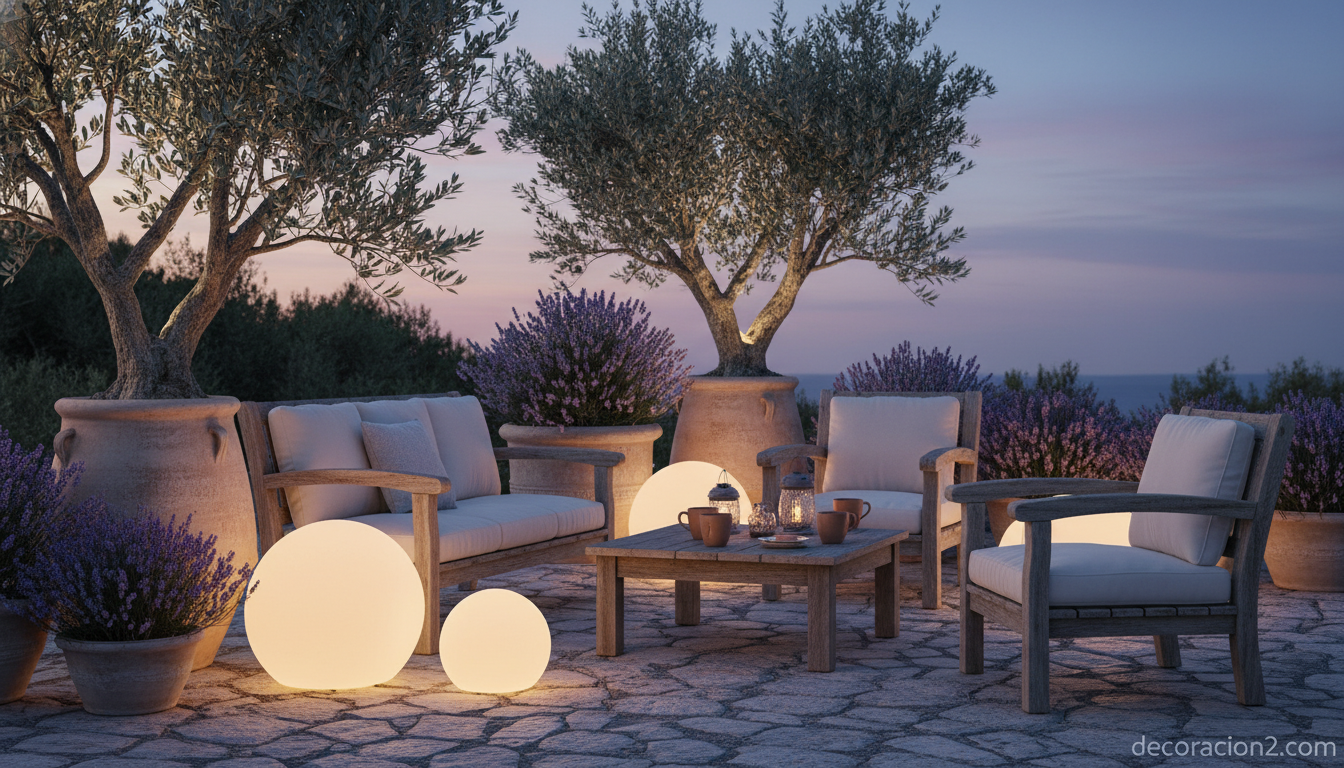Terraza mediterránea decorada con medias esferas luminosas Moonlight