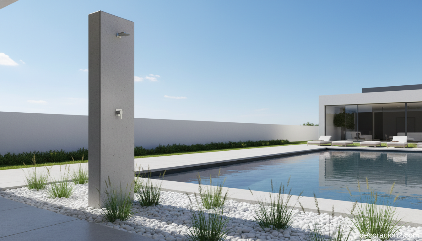 Ducha de exterior minimalista de hormigón junto a piscina moderna