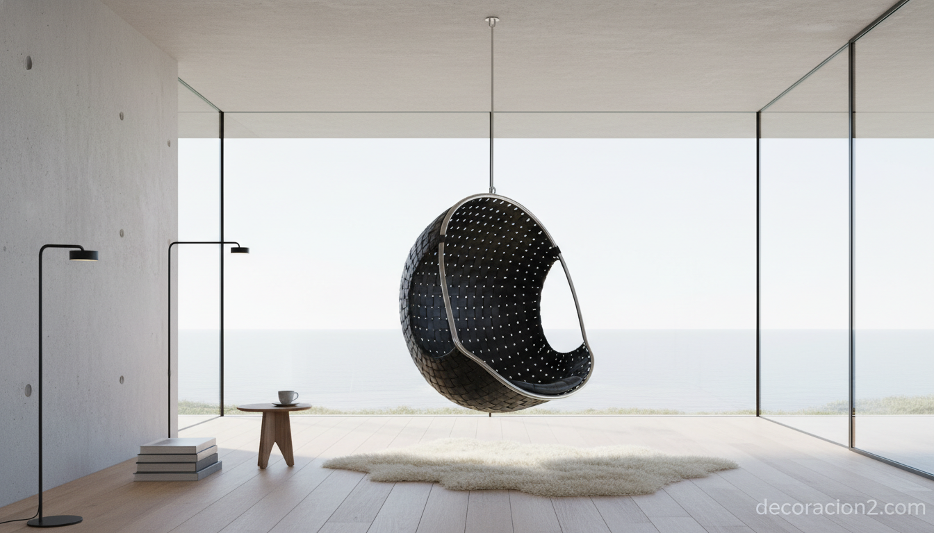 Silla colgante cocoon de la colección Tropicalia en salón minimalista de interior con paredes de hormigón