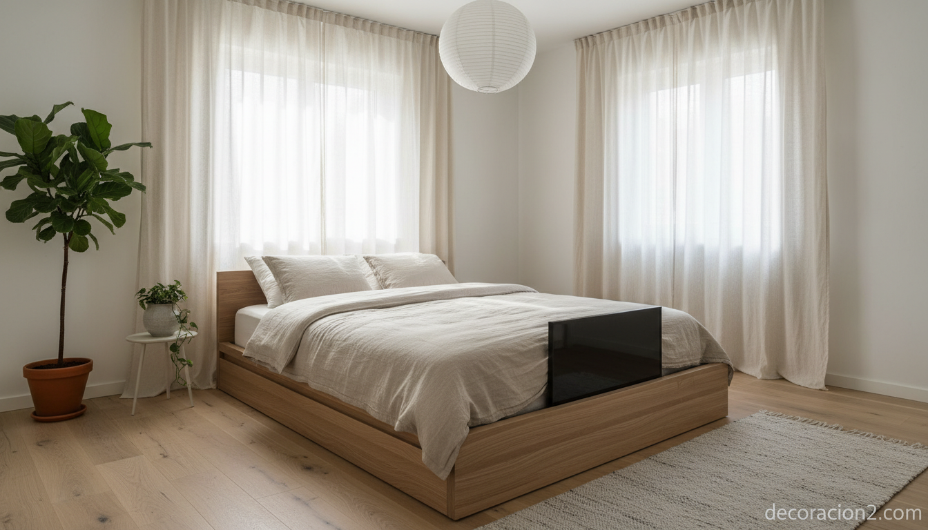 Dormitorio escandinavo con cama y televisor retráctil integrado