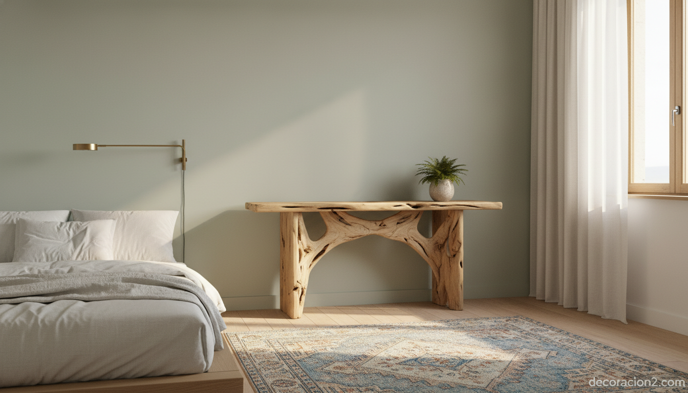 Dormitorio minimalista con consola de madera reciclada como pieza protagonista