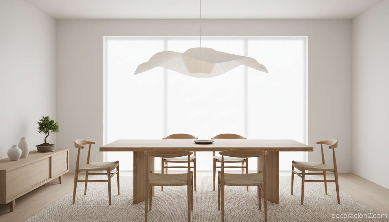 Lámparas escultóricas: cuando el diseño convierte la luz en arte 2 Lámpara escultórica de papel en un comedor nórdico minimalista